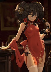 Rule 34 | 1girl, absurdres, bare arms, bare shoulders, black hair, black panties, breasts, china dress, chinese clothes, closed mouth, covered navel, cowboy shot, double bun, dress, girls&#039; frontline, hair between eyes, hair bun, hair ribbon, highres, holding, long hair, looking at viewer, medium breasts, official alternate costume, panties, pelvic curtain, phone, qianqiu wanxia, red dress, ribbon, shawl, side-tie panties, sleeveless, sleeveless dress, solo, standing, thighhighs, thighs, type 97 (girls&#039; frontline), type 97 (peony) (girls&#039; frontline), underwear, white thighhighs, yellow eyes