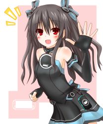Rule 34 | 10s, 1girl, :d, bare shoulders, blush, brown hair, elbow gloves, fingerless gloves, gloves, hair ornament, handheld game console, langley1000, neptune (series), open mouth, playstation portable, playstation vita, red eyes, smile, solo, two side up, uni (neptunia), waving