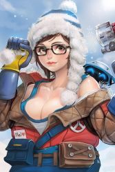 Rule 34 | 1girl, arms up, artist request, beanie, belt, belt pouch, black-framed eyewear, blizzard (company), blue gloves, blue shirt, blue sky, breasts, brown eyes, brown hair, cleavage, clenched hand, coat, collarbone, day, drone, glasses, gloves, gun, hair ornament, hat, highres, holding, holding gun, holding weapon, jacket, jaehimon, large breasts, lips, long sleeves, looking at viewer, mei (overwatch), mole, mole under eye, name tag, nose, off shoulder, official alternate costume, outdoors, overwatch, overwatch 1, pink lips, pouch, rise and shine mei, robot, shirt, short hair, sky, snowball (overwatch), snowflake hair ornament, snowflakes, snowing, solo, tank top, upper body, utility belt, weapon, white shirt, winter clothes, winter coat