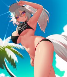 Rule 34 | 1girl, animal ears, arm up, armpits, artist name, bikini, black bikini, blue sky, blush, breasts, character request, cloud, commentary request, commission, day, eyes visible through hair, from below, grey hair, hair between eyes, hand on headwear, horse ears, horse girl, horse tail, kuroonehalf, large breasts, lens flare, light rays, long hair, looking at viewer, navel, o-ring, o-ring bikini, outdoors, palm tree, ponytail, purple eyes, sky, smile, solo, sunbeam, sunlight, sweat, swimsuit, tail, tree, umamusume, visor cap, vrchat