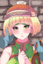 Rule 34 | arms (game), bad id, bad pixiv id, beanie, blonde hair, blunt bangs, blush, bob cut, green eyes, hand on wall, hat, highres, looking at viewer, mask, matsumatsu, min min (arms), no mask, own hands together, red hat, solo focus, sweat, unworn mask, wall