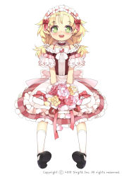 Rule 34 | 1girl, apron, blonde hair, blush, bouquet, brooch, btoor, cosette (sid story), dress, flower, full body, green eyes, headdress, highres, jewelry, kneehighs, long hair, mary janes, original, shoes, sid story, simple background, smile, socks, solo, twintails, waist apron, white background