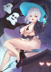 Rule 34 | 1girl, :d, absurdres, arm behind back, ass, azur lane, bare legs, bikini, black gloves, black jacket, blue eyes, breasts, commentary request, covered erect nipples, crop top, fishnet thighhighs, fishnets, from below, from side, full body, ghost, gloves, hair between eyes, half-closed eyes, half gloves, hand up, hat, high heels, highres, jacket, jade (a good girl&#039;s magic) (azur lane), jade (azur lane), large breasts, leg up, legs, looking at viewer, looking back, looking down, m-edge, medium breasts, medium hair, micro bikini, miniskirt, night, night sky, open clothes, open jacket, open mouth, outdoors, pleated skirt, revealing clothes, single bare leg, single fishnet legwear, sitting, skirt, sky, smile, solo, swimsuit, thighhighs, thighs, upskirt, white hair, witch hat