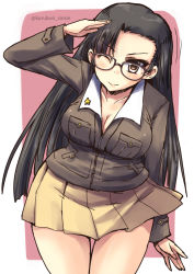 Rule 34 | 10s, 1girl, ;), asymmetrical bangs, bespectacled, black hair, breasts, brown-framed eyewear, brown eyes, cleavage, cowboy shot, girls und panzer, glasses, jacket, large breasts, leaning forward, long hair, looking at viewer, nishi kinuyo, one eye closed, outside border, pleated skirt, salute, shinshin, skirt, smile, solo, standing, twitter username
