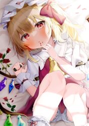 Rule 34 | 1girl, absurdres, ascot, blonde hair, bloomers, blush, cosmetics, crystal, expressionless, feet out of frame, flandre scarlet, flower, frilled shirt collar, frills, hand to own mouth, hat, highres, holding, holding lipstick tube, lipstick tube, looking at viewer, lying, mob cap, nail polish, nano (nazuna0512), on back, on bed, one side up, panties, pantyshot, parted lips, petals, puffy short sleeves, puffy sleeves, red eyes, red flower, red nails, red rose, rose, short hair with long locks, short sleeves, solo, touhou, underwear, wings, wrist cuffs, yellow ascot
