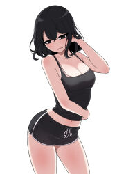 Rule 34 | 1girl, arm across waist, black eyes, black hair, black shirt, black shorts, breasts, hand in own hair, highres, medium breasts, midriff, navel, original, shirt, short shorts, shorts, simple background, solo, standing, thighs, uihyeon chae, white background