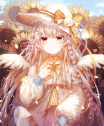 Rule 34 | 1girl, absurdres, bad id, bad pixiv id, blue sky, bow, braid, commission, day, dress, floating hair, flower, hat, hat bow, highres, long hair, long sleeves, looking at viewer, orange bow, orange eyes, original, outdoors, silver hair, sky, solo, standing, sun hat, sunflower, takano jiyuu, twitter username, upper body, very long hair, watermark, white bow, white dress, white hat, yellow neckwear