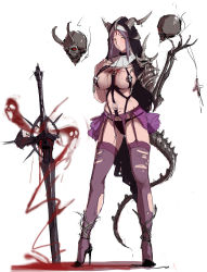 Rule 34 | 1girl, absurdres, ankle lace-up, black footwear, blush, breasts, corruption, cross-laced footwear, facial mark, floating skull, forehead mark, full body, garter belt, habit, high heels, highres, horns, laserflip, nun, original, panties, planted, planted sword, planted weapon, pubic tattoo, purple hair, sandals, simple background, skeletal arm, sketch, skull, solo, standing, sword, tail, tattoo, thighhighs, torn clothes, torn thighhighs, underwear, weapon, white background, yellow eyes