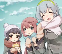 Rule 34 | 3girls, aqua scarf, arare (kancolle), asagumo (kancolle), beanie, black hair, blue eyes, blush, brown eyes, brown hair, closed eyes, closed mouth, eating, food, green hairband, grey hair, hair between eyes, hairband, hat, holding, holding food, kantai collection, long hair, long sleeves, mittens, multiple girls, nuno (pppompon), open mouth, orange scarf, pom pom (clothes), scarf, short hair, smile, twintails, upper body, white headwear, white scarf, yamagumo (kancolle)