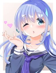Rule 34 | 1girl, blowing kiss, blue eyes, blue hair, blue shirt, blush, brown background, cacao (chocolat), chestnut mouth, collarbone, commentary request, hair between eyes, hair ornament, hair scrunchie, heart, highres, long hair, long sleeves, looking at viewer, low twintails, nail polish, nijisanji, parted lips, purple nails, sailor collar, school uniform, scrunchie, serafuku, shirt, solo, twintails, two-tone background, upper body, virtual youtuber, white background, white sailor collar, white scrunchie, yuuki chihiro, yuuki chihiro (2nd costume)
