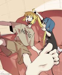 Rule 34 | absurdres, aged down, ahoge, barefoot, blonde hair, blue hair, bocchi the rock!, child, couch, detached ahoge, english text, grabbing another&#039;s hair, highres, ijichi nijika, long hair, machuuu68, medium hair, on couch, side ponytail, yamada ryo, yellow eyes