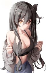 Rule 34 | 1girl, 3:, absurdres, bad id, bad twitter id, bare shoulders, black hair, black shirt, breasts, cleavage, closed mouth, collarbone, crop top, grey jacket, grey skirt, halterneck, highres, jacket, large breasts, long hair, long sleeves, looking at viewer, midriff, nagul, off shoulder, one side up, open clothes, open jacket, original, shirt, simple background, skirt, sleeveless, sleeveless shirt, solo, stomach, sweat, upper body, white background, yellow eyes