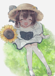 Rule 34 | 1girl, brown hair, commentary request, dress, closed eyes, facing viewer, flower, grass, hat, highres, kantai collection, looking at viewer, nazu (nazuunne), official alternate costume, short hair, sitting, smile, solo, straw hat, sun hat, sunflower, toeless footwear, white dress, yukikaze (kancolle)