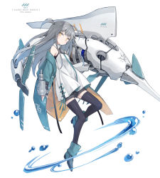 Rule 34 | 1girl, ahoge, black hair, dress, grey hair, highres, jacket, long hair, looking at viewer, non-humanoid robot, off shoulder, one side up, open clothes, open jacket, original, poco (asahi age), robot, robot animal, robot fish, shorts, solo, thighhighs, white background, white dress, yellow eyes