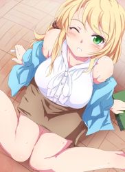 Rule 34 | 1girl, arm support, bad id, bad pixiv id, blonde hair, book, breasts, chalk, ellen baker, fallen down, from above, green eyes, jacket, knees together feet apart, large breasts, leaning back, long hair, looking up, new horizon, off shoulder, open mouth, ponytail, rei oe, shirt, sitting, skirt, sleeveless, sleeveless shirt, solo, tears, wince