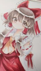 Rule 34 | 1girl, ascot, bow, braid, brown eyes, brown hair, closed mouth, collared shirt, detached sleeves, dot mouth, frilled bow, frilled hair tubes, frilled shirt, frills, hair between eyes, hair bow, hair tubes, hakurei reimu, long sleeves, looking at viewer, medium hair, print collar, red bow, red hair tubes, red skirt, red stripes, red vest, ribbon-trimmed sleeves, ribbon trim, shirt, simple background, skirt, skirt set, snowly 012, solo, touhou, traditional media, twin braids, vest, white background, white stripes, yellow ascot