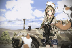 Rule 34 | 1girl, :3, animal, animal on head, blonde hair, blurry, blurry foreground, camouflage, car, cat, cat on head, day, green eyes, gun, h&amp;k mp5, hands in pockets, highres, hood, hood up, hoodie, motor vehicle, on head, original, outdoors, shorts, sky, submachine gun, tanto (tc1995), too many, too many cats, twintails, weapon