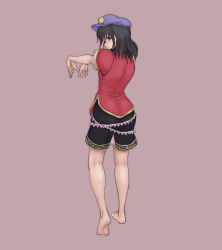 Rule 34 | 1girl, barefoot, black hair, feet, female focus, from behind, full body, hat, highres, jiangshi, kneepits, kuro suto sukii, looking back, miyako yoshika, ofuda, outstretched arms, simple background, skirt, soles, solo, star (symbol), touhou, zombie pose