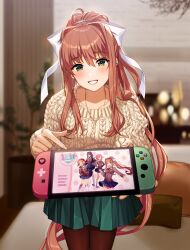 1girl absurdres alternate_costume aran_sweater black_pantyhose blurry blurry_background blush bow brown_hair cable_knit collarbone couch cowboy_shot doki_doki_literature_club green_eyes green_skirt hair_between_eyes hair_bow handheld_game_console highres holding holding_handheld_game_console indoors jewelry long_hair long_sleeves looking_at_viewer lucidsky meta miniskirt monika_(doki_doki_literature_club) necklace nintendo_switch official_art pantyhose parted_lips pillow pleated_skirt pointing ponytail protected_link second-party_source sidelocks skirt smile solo standing sweater very_long_hair white_bow yellow_sweater