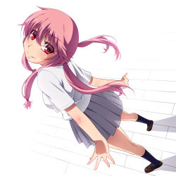 Rule 34 | 1girl, bad id, bad pixiv id, blush, from above, gasai yuno, grin, hayashi custom, long hair, looking back, looking up, mirai nikki, pink eyes, pink hair, pleated skirt, red eyes, school uniform, simple background, skirt, smile, solo, twintails