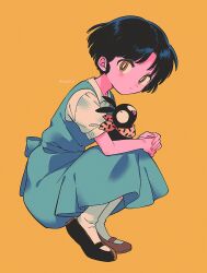 Rule 34 | 1girl, animal, animal on lap, artist name, bare arms, black footwear, black hair, blue dress, blush stickers, closed mouth, collared shirt, dress, from side, full body, fuurinkan high school uniform, highres, looking at another, looking at viewer, looking up, medium dress, menma (enaic31), on lap, p-chan, parted bangs, pig, pinafore dress, puffy short sleeves, puffy sleeves, ranma 1/2, school uniform, shirt, shoes, short hair, short sleeves, simple background, sleeveless, sleeveless dress, socks, squatting, tendou akane, twitter username, white shirt, white socks, yellow background