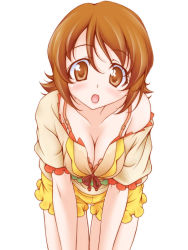 Rule 34 | 1girl, :o, blush, bra, bra peek, breasts, brown eyes, brown hair, brown shirt, cleavage, collarbone, downblouse, frilled shorts, frilled sleeves, frills, happinesscharge precure!, head tilt, kikuchi tsutomu, lace, lace-trimmed bra, lace trim, leaning forward, light blush, looking at viewer, medium breasts, medium hair, off shoulder, oomori yuuko, open mouth, orange bra, precure, shirt, short shorts, short sleeves, shorts, simple background, solo, standing, thigh gap, thighs, underwear, white background, yellow shorts