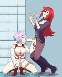 Rule 34 | 2girls, absurdres, breasts, breasts out, closed eyes, clothed sex, clothes, croix meridies, fellatio, female pubic hair, futa with female, futanari, glory hole, grabbing, highres, hole, large penis, little witch academia, looking at viewer, masturbation, medium breasts, medium hair, multiple girls, nipples, oksandio, oral, penis, penis grab, pubic hair, purple hair, pussy, pussy juice, red eyes, sex, squatting, ursula callistis