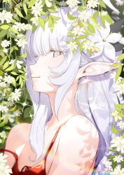 Rule 34 | 1girl, blue archive, blunt bangs, closed mouth, commentary, dangle earrings, earclip, earrings, flower, grey hair, hair behind ear, hair flower, hair ornament, hairband, highres, himari (blue archive), jewelry, long hair, looking at viewer, mole, mole under eye, off shoulder, pointy ears, purple eyes, red tank top, single off shoulder, solo, spaghetti strap, tank top, white flower, zanya 000