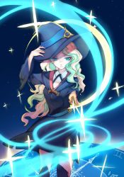 Rule 34 | 1girl, aku spirit, black dress, black footwear, black ribbon, blonde hair, blue eyes, blue hat, boots, diana cavendish, dress, hand on headwear, hat, holding, holding wand, little witch academia, long sleeves, multicolored hair, neck ribbon, outstretched arm, ribbon, short dress, solo, sparkle, standing, thigh boots, thighhighs, wand, witch hat