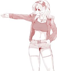 Rule 34 | 1girl, belt, blonde hair, closed mouth, commentary, cowboy shot, denim, denim shorts, dog tags, girls und panzer, goggles, goggles on head, hair intakes, halftone, hand on own hip, jacket, kay (girls und panzer), long hair, long sleeves, looking to the side, micro shorts, monochrome, navel, open clothes, open jacket, pointing, saunders military uniform, shorts, skindentation, smile, solo, sports bra, standing, thighhighs, thumb in pocket, yoyokkun