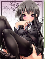 Rule 34 | 1girl, black hair, black pantyhose, blazer, clothes pull, feet, female protagonist (houkago play), houkago play, jacket, long hair, looking at viewer, necktie, nilitsu, pantyhose, pantyhose pull, purple eyes, saliva, solo, toes, tsurime