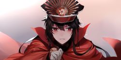 Rule 34 | 1girl, black hair, black hat, cape, close-up, family crest, fate/grand order, fate (series), gloves, hat, koha-ace, lanzero, long hair, oda nobunaga (fate), oda nobunaga (koha-ace), oda uri, peaked cap, portrait, red cape, red eyes, solo, white gloves