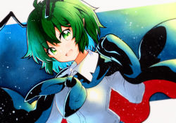 Rule 34 | 1girl, antennae, bad id, bad twitter id, black cape, blush, cape, collared shirt, green eyes, green hair, hair between eyes, highres, long sleeves, open mouth, qqqrinkappp, shirt, short hair, smile, solo, touhou, traditional media, upper body, white shirt, wriggle nightbug
