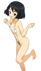 Rule 34 | 10s, 1girl, bare shoulders, barefoot, bikini, black eyes, black hair, blush, breasts, flat chest, girls und panzer, looking at viewer, navel, open mouth, short hair, simple background, slingshot swimsuit, small breasts, smile, solo, sweat, swimsuit, utsugi yuuki, yn red