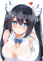 Rule 34 | 10s, 1girl, bad id, bad pixiv id, bare shoulders, black hair, blue eyes, blush, bow, bowtie, breasts, bust cup, cleavage, dress, dungeon ni deai wo motomeru no wa machigatteiru darou ka, elbow gloves, gloves, hair between eyes, hair ornament, hair ribbon, halterneck, heart, hestia (danmachi), highres, large breasts, light smile, long hair, looking at viewer, rei no himo, ribbon, ryuuji teitoku, saliva, simple background, smile, solo, strap pull, turtleneck, twintails, very long hair, wet, wet clothes, white background, white dress, white gloves