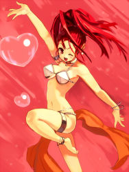 Rule 34 | 1girl, ;d, anklet, arm up, barbara (dq6), barefoot, bikini, blush, bracelet, chimochimo, dragon quest, dragon quest vi, feet, female focus, hair up, heart, jewelry, leg up, long hair, navel, one eye closed, open mouth, red eyes, red hair, sash, smile, solo, swimsuit, toes, white bikini, wink