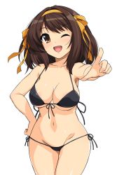 Rule 34 | 1girl, areola slip, armpits, bare shoulders, bikini, black bikini, blush, bow, breasts, brown eyes, brown hair, cleavage, collarbone, commentary, covered erect nipples, cowboy shot, foreshortening, groin, hair bow, hair intakes, hand on own hip, haruhisky, headband, highres, long hair, looking at viewer, medium breasts, micro bikini, navel, one eye closed, open mouth, pointing, pointing at viewer, side-tie bikini bottom, simple background, solo, strap gap, string bikini, suzumiya haruhi, suzumiya haruhi no yuuutsu, swept bangs, swimsuit, white background, yellow bow, yellow headband
