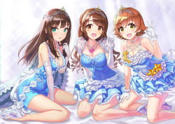 Rule 34 | 3girls, :d, bad id, bad pixiv id, blue dress, blush, breasts, brown eyes, brown hair, cleavage, covered navel, dress, earrings, elbow gloves, full body, glass slipper, gloves, green eyes, hamahama, hand up, high heels, highres, honda mio, idolmaster, idolmaster cinderella girls, jewelry, large breasts, long hair, looking at viewer, medium breasts, multiple girls, necklace, new generations, open mouth, pearl necklace, pumps, shibuya rin, shimamura uzuki, short hair, sitting, smile, star (symbol), tiara, wariza, white gloves