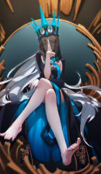 Rule 34 | 1girl, absurdres, bare legs, barefoot, biting own lip, black dress, black veil, blue dress, breasts, commentary, crossed legs, crown, disgust, dress, fate/grand order, fate (series), feet, full body, grey eyes, grey hair, hand up, highres, ksb (qwop03), legs, long hair, long sleeves, looking at viewer, medium breasts, morgan le fay (fate), morgan le fay (queen of winter) (fate), parted lips, sidelocks, sitting, soles, solo, sweat, teeth, throne, toes, two-tone dress, veil, very long hair