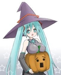 Rule 34 | 1girl, aqua hair, breast rest, breasts, carried breast rest, carrying, hat, hatsune miku, jack-o&#039;-lantern, large breasts, pumpkin, shuuhei (artist), shuuhei (shoohey), solo, twintails, vocaloid, witch hat