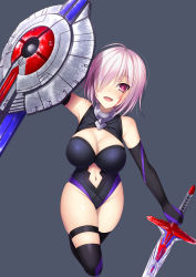 Rule 34 | 1girl, :d, arm at side, bare shoulders, black background, black gloves, black leotard, black thighhighs, blood, blood on face, bloody tears, blush, breasts, cleavage, cleavage cutout, clothing cutout, collar, elbow gloves, eyelashes, fate/grand order, fate (series), full body, gloves, groin, hair between eyes, hair over one eye, highres, holding, holding sword, holding weapon, large breasts, leotard, looking at viewer, mash kyrielight, navel, navel cutout, open mouth, pink hair, purple eyes, purple gloves, shield, shiny skin, short hair, simple background, skindentation, smile, solo, standing, sword, tareme, thigh strap, thighhighs, weapon, yu-ta