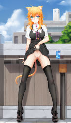 Rule 34 | 1girl, absurdres, animal ears, black thighhighs, blonde hair, blue eyes, blush, breasts, building, can, cat ears, cat girl, cat tail, clothes lift, day, dress, dress lift, drink can, exhibitionism, highres, lifting own clothes, looking at viewer, medium breasts, no panties, original, outdoors, public indecency, pussy, pussy juice, shirt, short sleeves, soda can, solo, sonikey0 0, tail, thighhighs, uncensored, white shirt