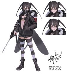 Rule 34 | 1girl, absurdres, ankle boots, arthropod girl, backpack, bag, bikini, bikini top only, black bikini, boots, breasts, brown hair, character sheet, cross-laced footwear, expressions, fur trim, gas mask, grin, hair between eyes, hand in pocket, hara shoutarou, highres, insect wings, jacket, looking at viewer, mask, medium breasts, mosquito girl, multicolored hair, needle, open clothes, open jacket, original, proboscis, red eyes, respirator, sharp teeth, smile, standing, streaked hair, striped clothes, striped thighhighs, swimsuit, teeth, thighhighs, tube, twintails, unzipped, white background, white hair, wings