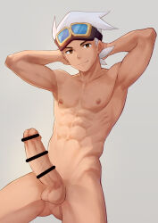 Rule 34 | 1boy, abs, absurdres, armpits, arms behind head, bar censor, brown eyes, censored, closed mouth, collarbone, commentary request, cowboy shot, creatures (company), friede (pokemon), game freak, goggles, goggles on head, grey background, hands up, highres, male focus, medium hair, navel, nintendo, nipples, nude, penis, pokemon, pokemon (anime), pokemon horizons, smile, solo, tentis, testicles, white hair