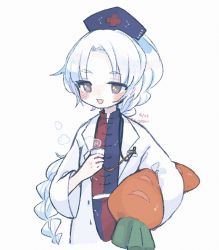 Rule 34 | 1girl, blouse, blue hat, blue shirt, braid, brown eyes, cropped legs, cup, dated, hat, highres, holding, holding cup, jacket, lab coat, long hair, long sleeves, m (m073111), open mouth, red shirt, shirt, simple background, smile, solo, steam, stuffed carrot, touhou, upper body, white hair, white jacket, yagokoro eirin