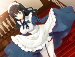 Rule 34 | 1girl, apron, black hair, blue dress, blunt bangs, blush, breasts, closed mouth, dress, dutch angle, frilled apron, frills, highres, indoors, large breasts, light rays, long hair, maid, maid headdress, nanohana kohina, original, sidelocks, smile, solo, stairs, standing, sunbeam, sunlight, tareme, thighhighs, wavy hair, white thighhighs