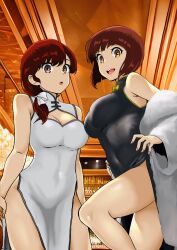 2girls :d :o armpits arms_at_sides bar_(place) bare_shoulders black_dress blunt_bangs blunt_ends bob_cut bow breasts brown_eyes chandelier china_dress chinese_clothes cleavage cleavage_cutout clothing_cutout coat commentary covered_navel dress face-to-face feet_out_of_frame from_below fur_coat hair_bow hair_over_shoulder hair_ribbon hands_on_own_hips highres indoors inverted_bob knee_up labyrinth1986 large_breasts long_hair long_sleeves looking_at_viewer looking_down low_ponytail mandarin_collar multiple_girls off_shoulder open_mouth photo_background pink_nails ranma_1/2 ribbon shelf short_hair siblings side_slit sisters sleeveless sleeveless_dress smile standing swept_bangs teeth tendou_kasumi tendou_nabiki upper_teeth_only white_bow white_coat white_dress white_ribbon wooden_ceiling