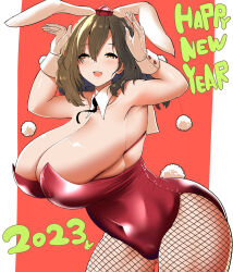 Rule 34 | 1girl, :d, akure ekuto, armpits, black hair, border, breasts, brown eyes, cleavage, commentary request, covered navel, cowboy shot, detached collar, english text, fishnet pantyhose, fishnets, happy new year, hat, highres, huge breasts, leaning forward, leotard, looking at viewer, new year, open mouth, pantyhose, playboy bunny, pom pom (clothes), rabbit pose, red background, red hat, red leotard, shameimaru aya, short hair, simple background, smile, solo, standing, tokin hat, touhou, white border, wrist cuffs