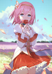 Rule 34 | 1girl, blue eyes, blush, breasts, flower, large breasts, looking at viewer, mizopost, pink hair, princess connect!, short hair, yui (princess connect!)