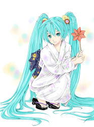 Rule 34 | 1girl, asaki (bluemoonstone), hatsune miku, japanese clothes, long hair, smile, solo, twintails, very long hair, vocaloid